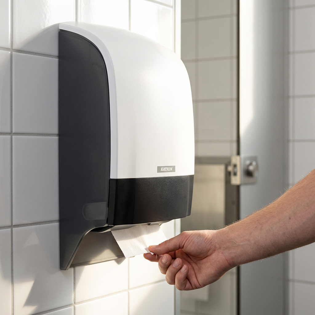 Hånd tager toiletpapir fra hvid Katrin-dispenser