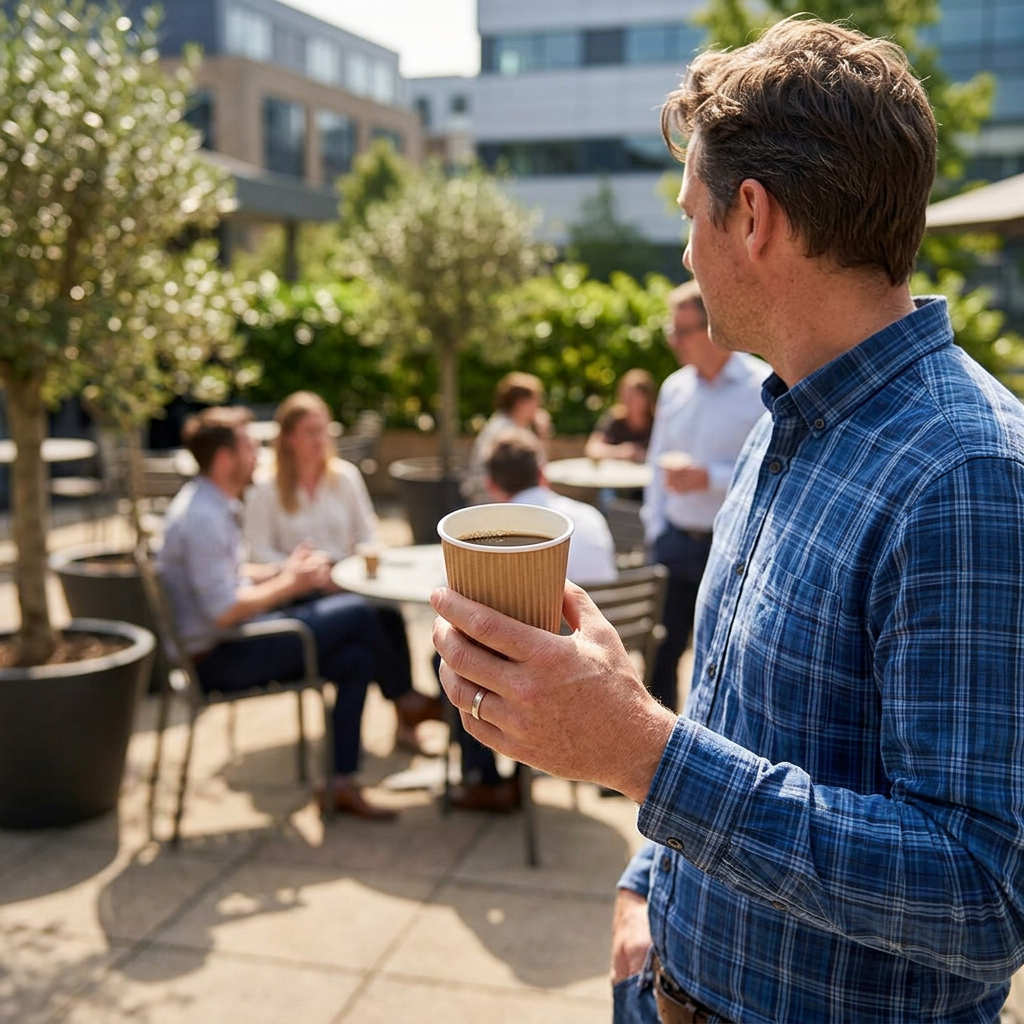 Voksen med brunt kaffebæger under solrig pause i virksomhedens gårdhave