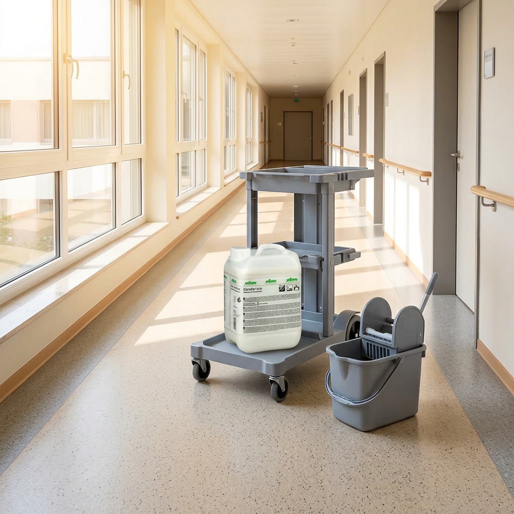 Ceradur-eco 5 L på rengøringsvogn i solrig institutionsgang med separat moppespand