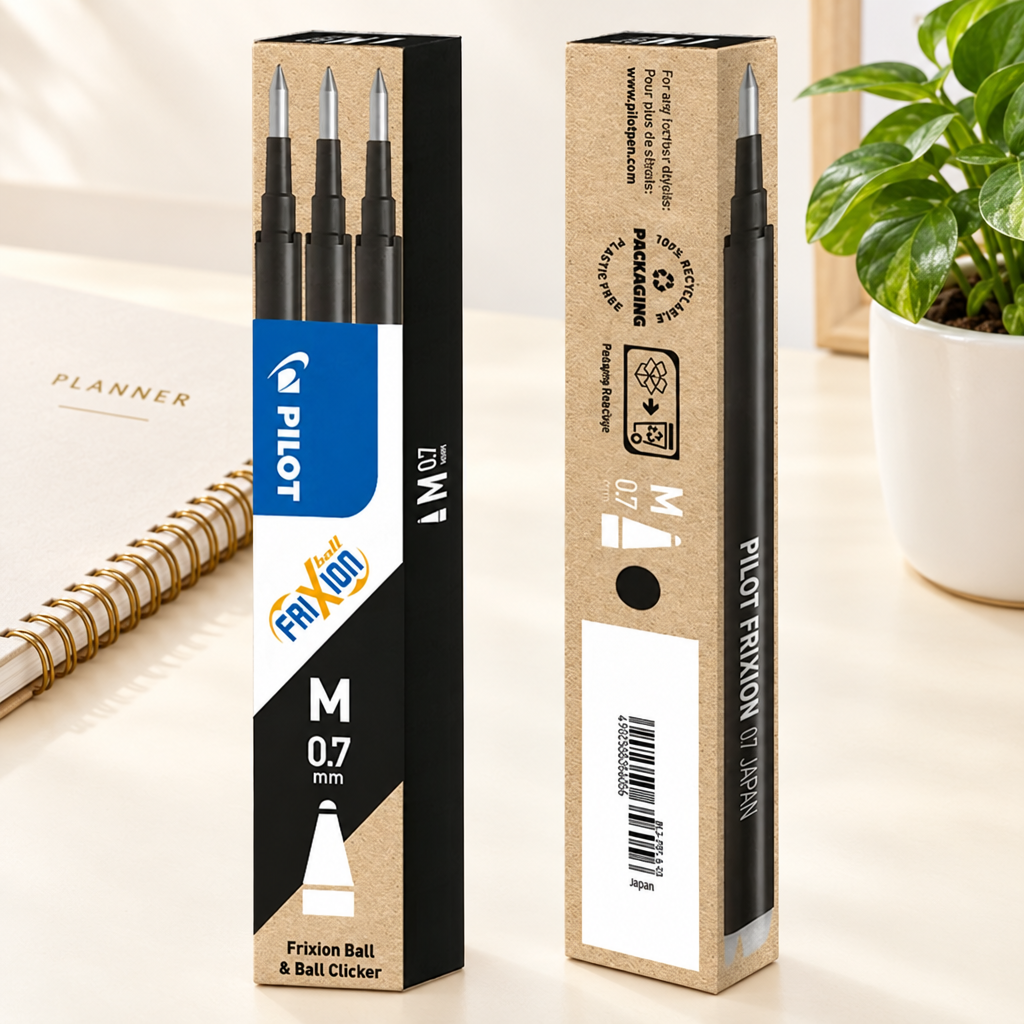 For- og bagside af sort Pilot FriXion-refillpakke ved kalender og plante, genereret miljøbillede