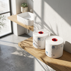 To indpakkede Tork T6-ruller på træhylde ved sollyst kontortoilet
