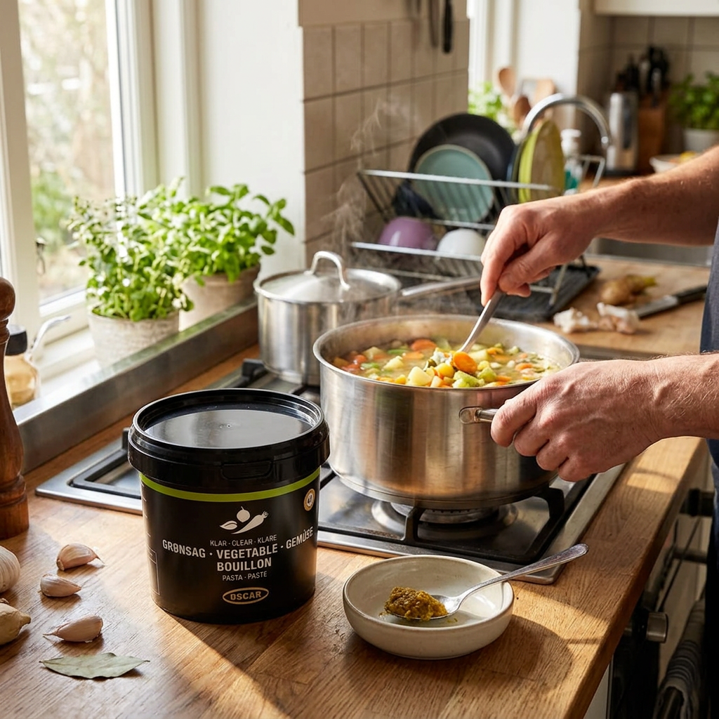 Grøntsagssuppe tilberedes med OSCAR grøntsagsbouillon på køkkenbordet