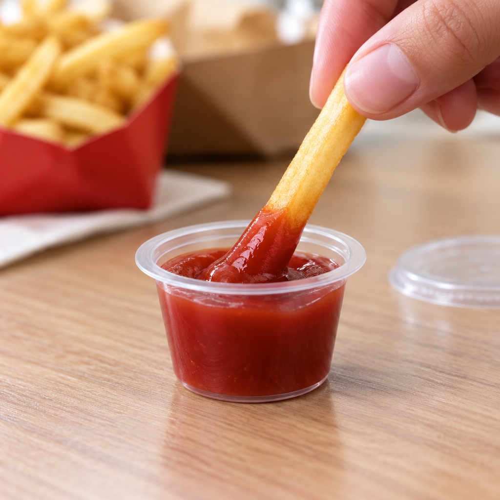 Brugssituation: en pommes frites dyppes i ketchup i et klart dipbæger uden låg