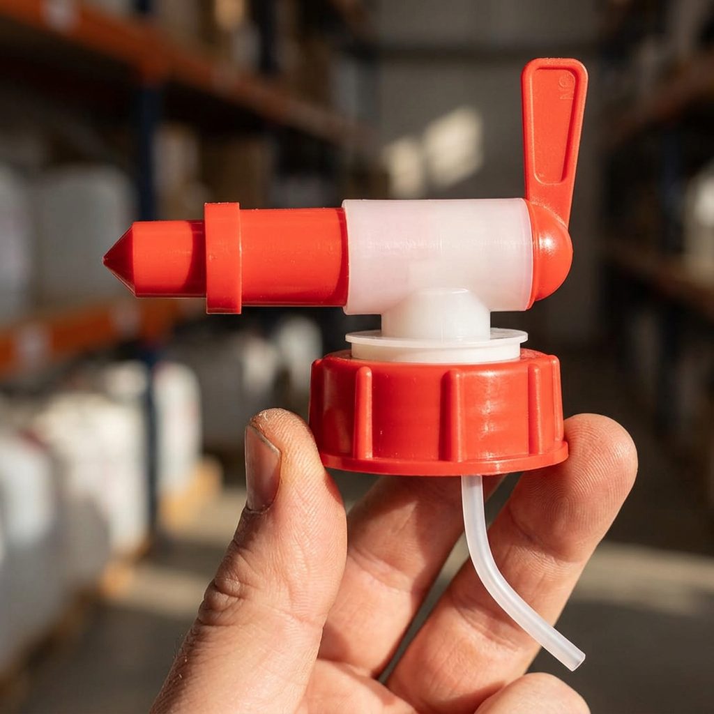 En voksen holder taphane 4078 ved den røde skruekappe i et solbeskinnet lagerrum.