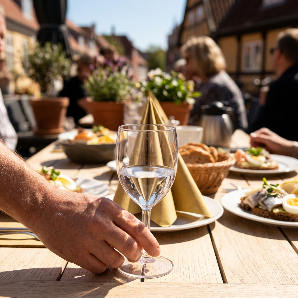 TOP vinglas ved terrassebord med guldfarvet serviet i baggrunden; tilkøb er ikke inkluderet