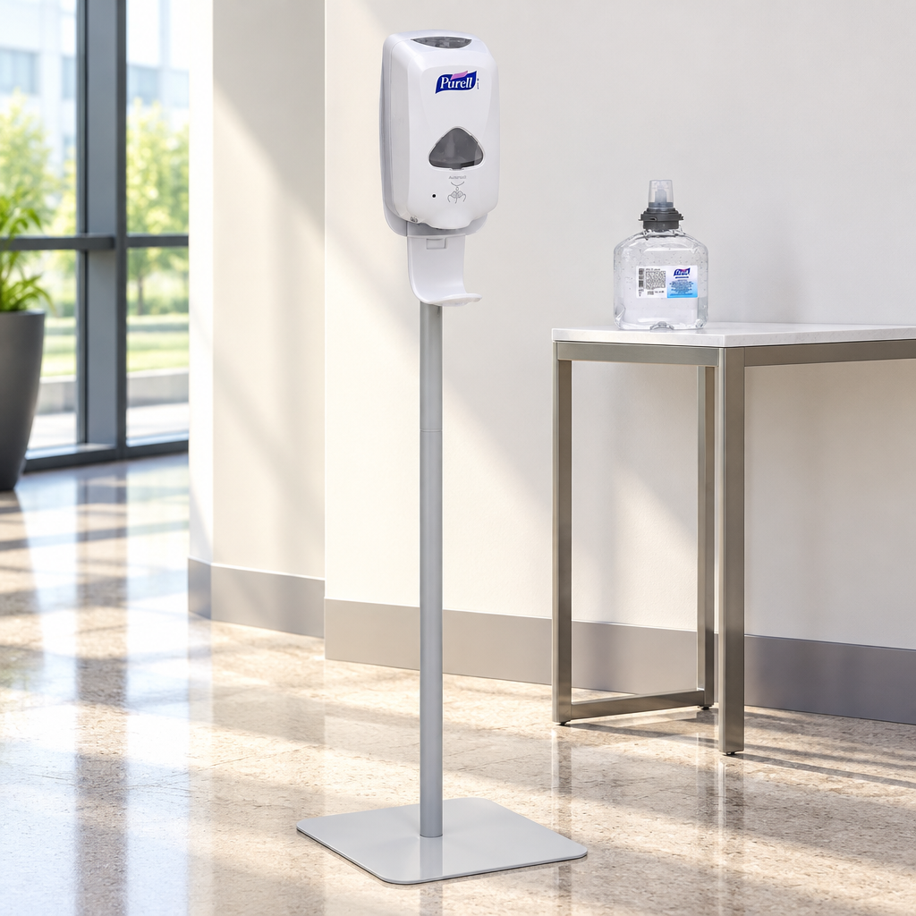 Purell-gulvstander i foyer vist med separat TFX-dispenser og passende TFX-refill