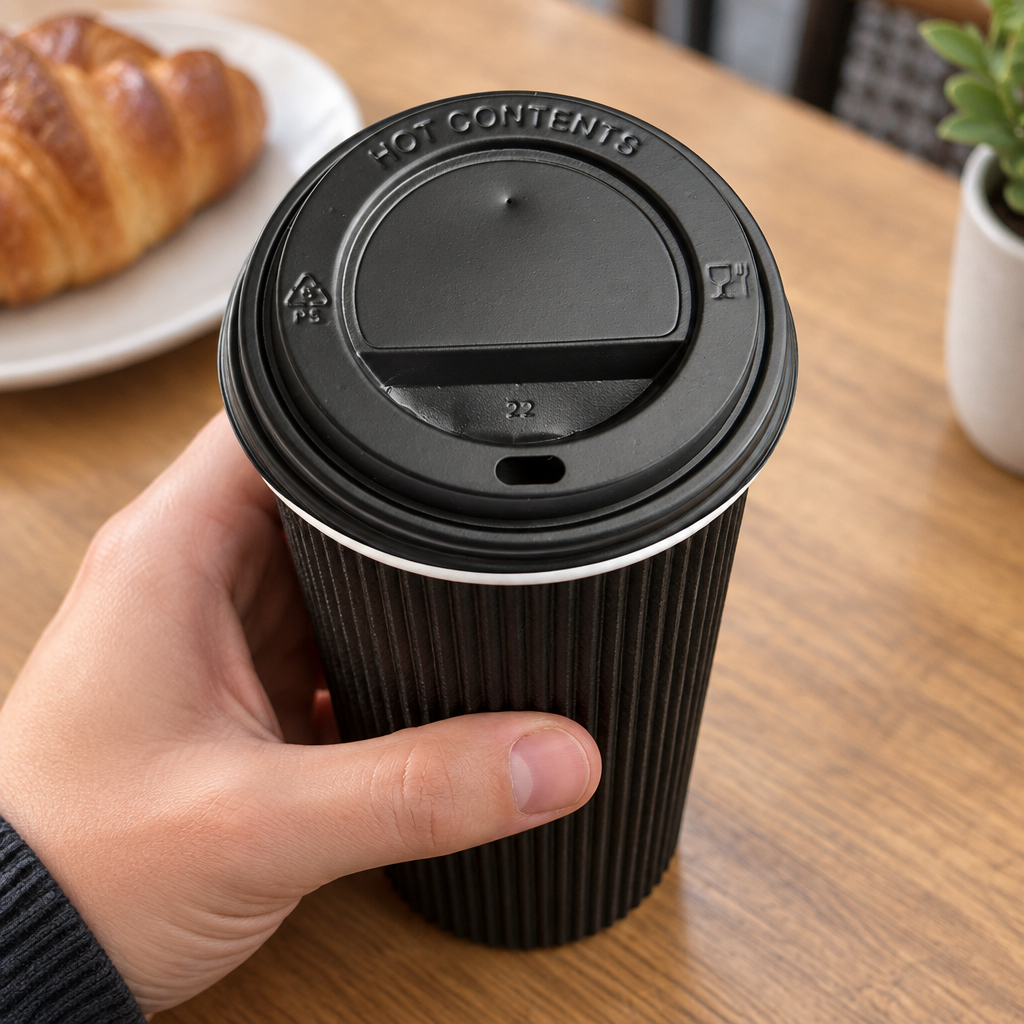 Sort låg 1435 på Ripple-kaffebæger holdt oprejst i hånden