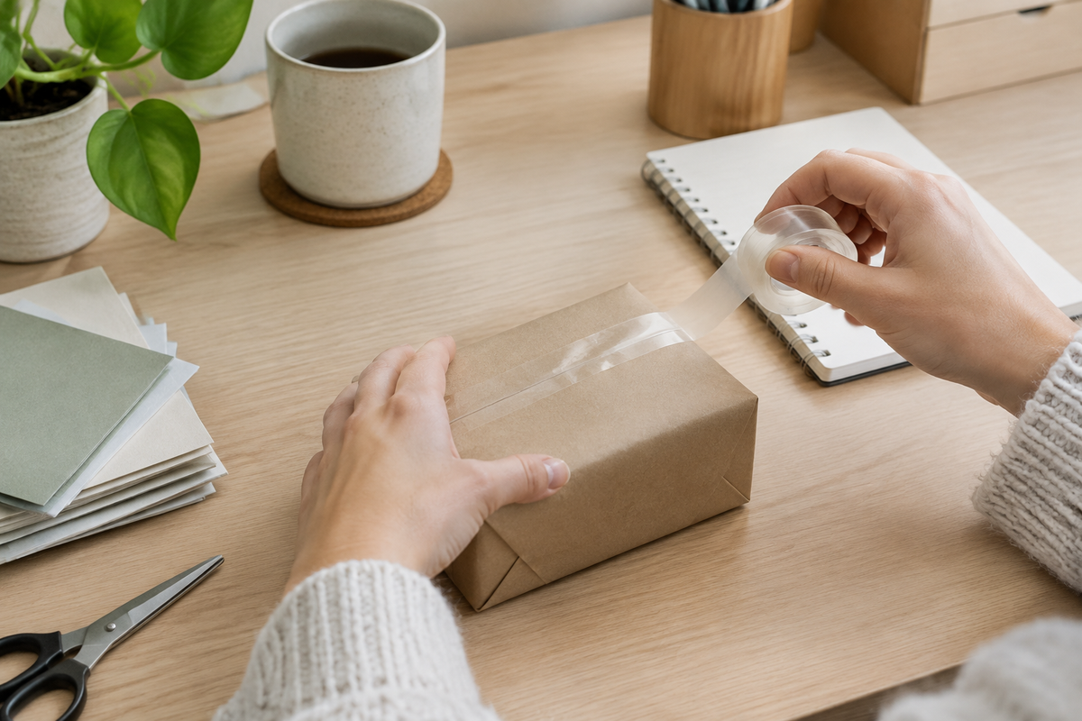 Stemningsbillede af kontorarbejde med transparent tape, ikke konkret varefoto