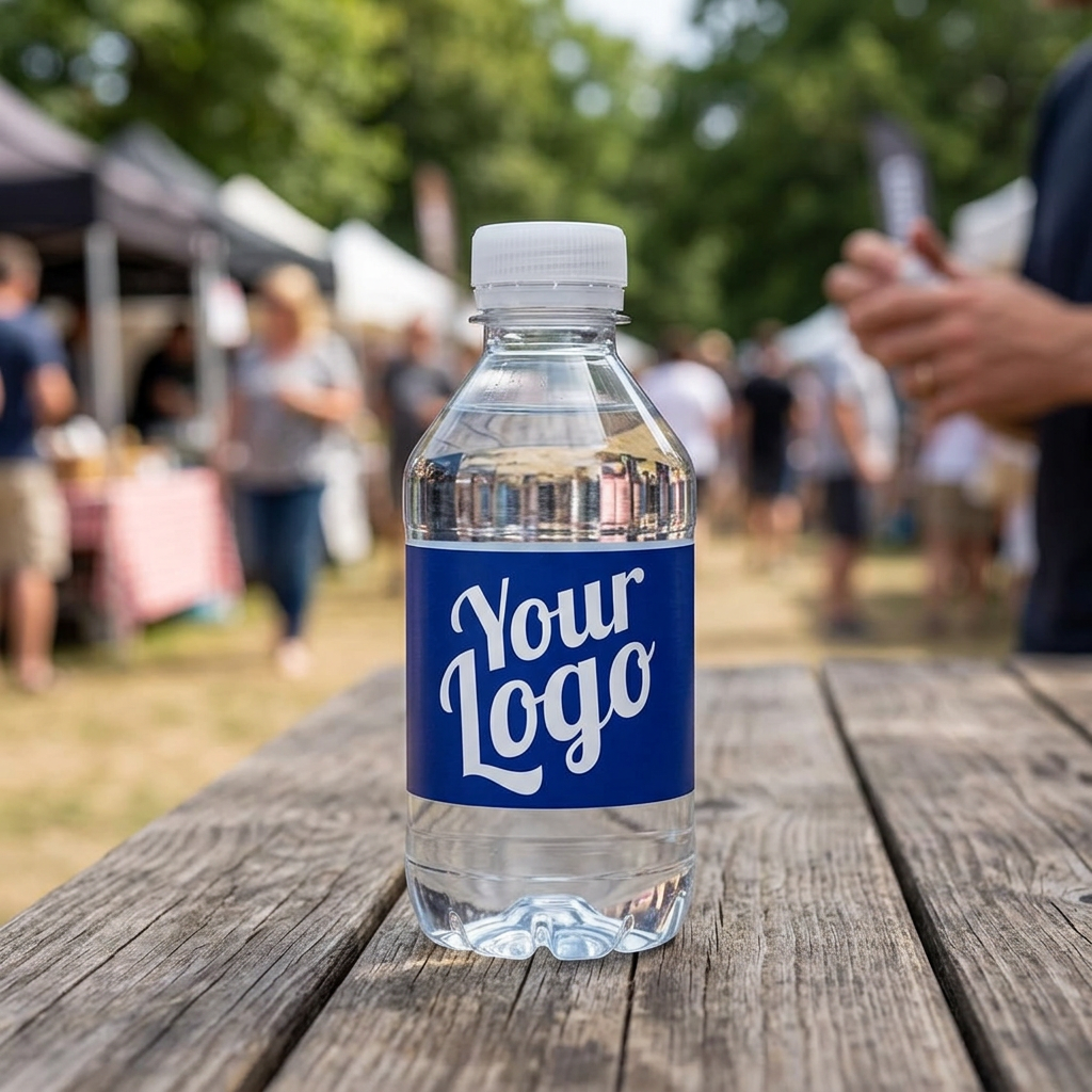 Logovand 0,30 liter på træbord ved udendørs arrangement