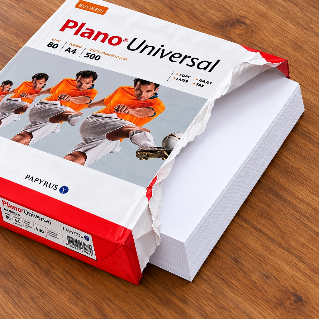 Åbnet Plano Universal-pakke med hvide A4-ark på træbord, stemningsillustration