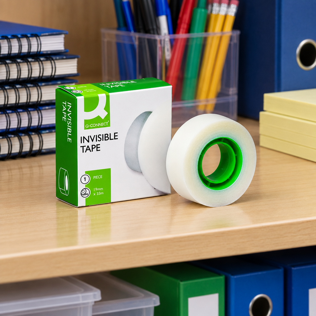 Q-Connect tape ved kontorartikler på hylde, stemningsillustration