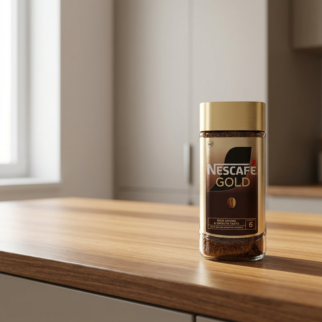 Nescafé Gold 200 g på træbord i lyst kontorkøkken