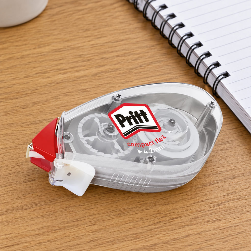Pritt Compact Flex-rettetape ved spiralnotesbog på træbord, genereret miljøbillede