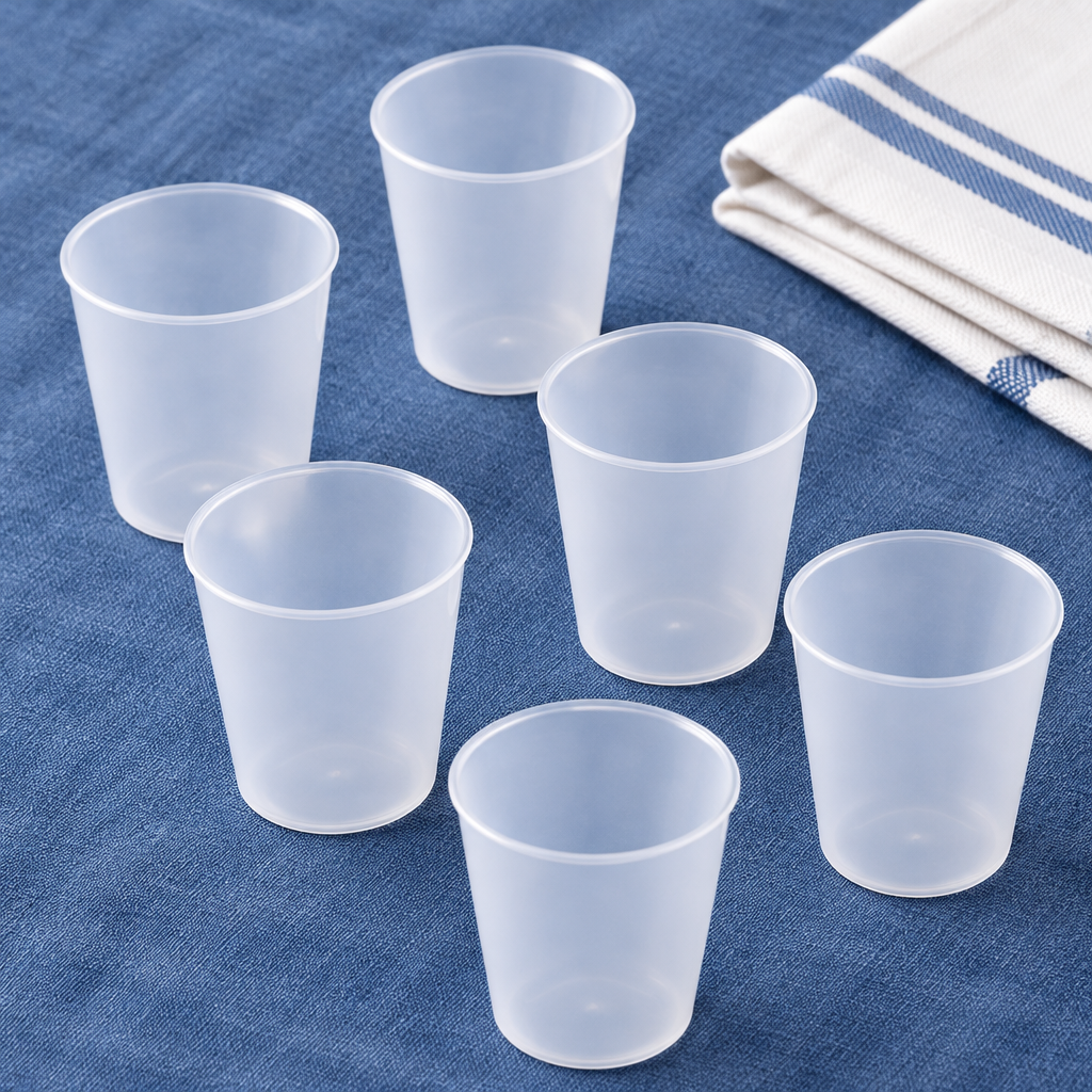 Tomme PP-shotglas set skråt ovenfra på blå dug ved servietter, stemningsbillede