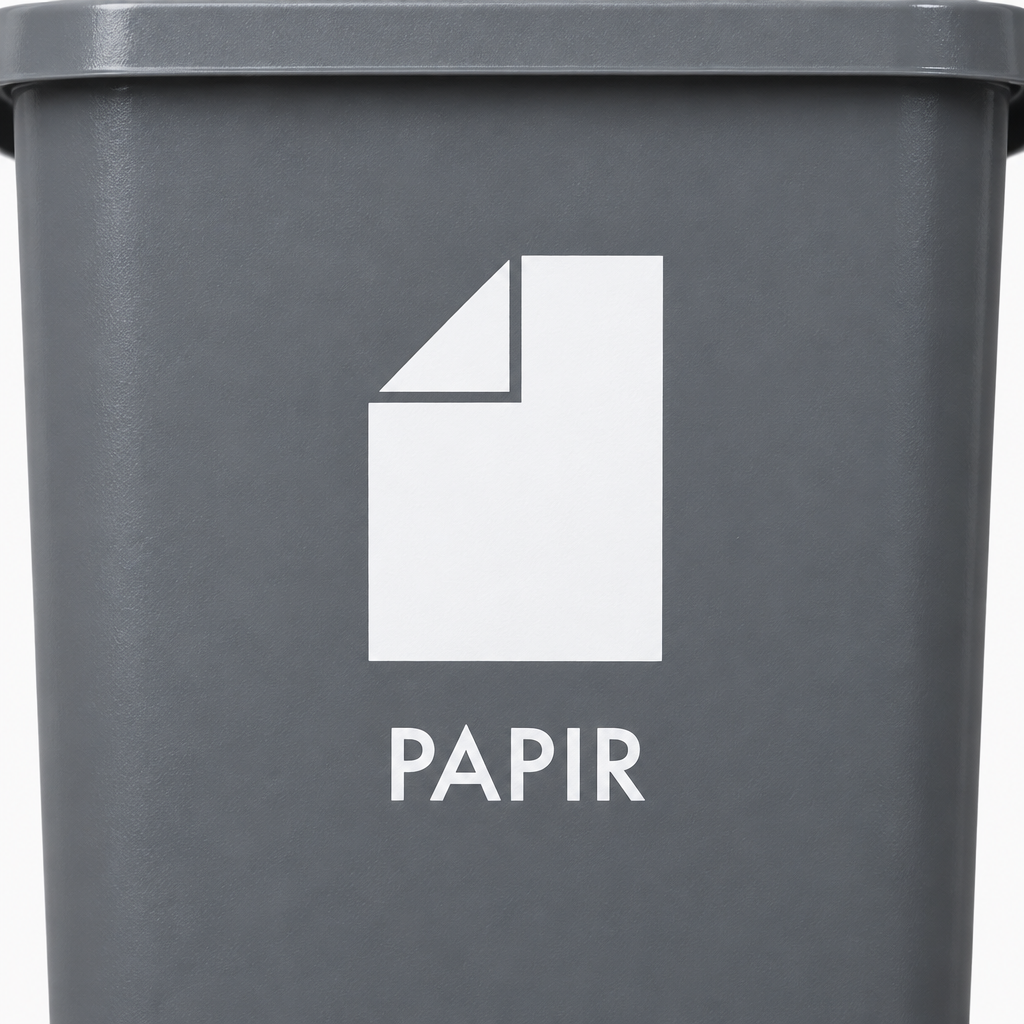 Detalje af hvidt papirark med foldet hjørne og PAPIR-tekst på grå beholder