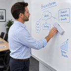 Voksen bruger en hvid tavlevisker ved et whiteboard i et mødelokale