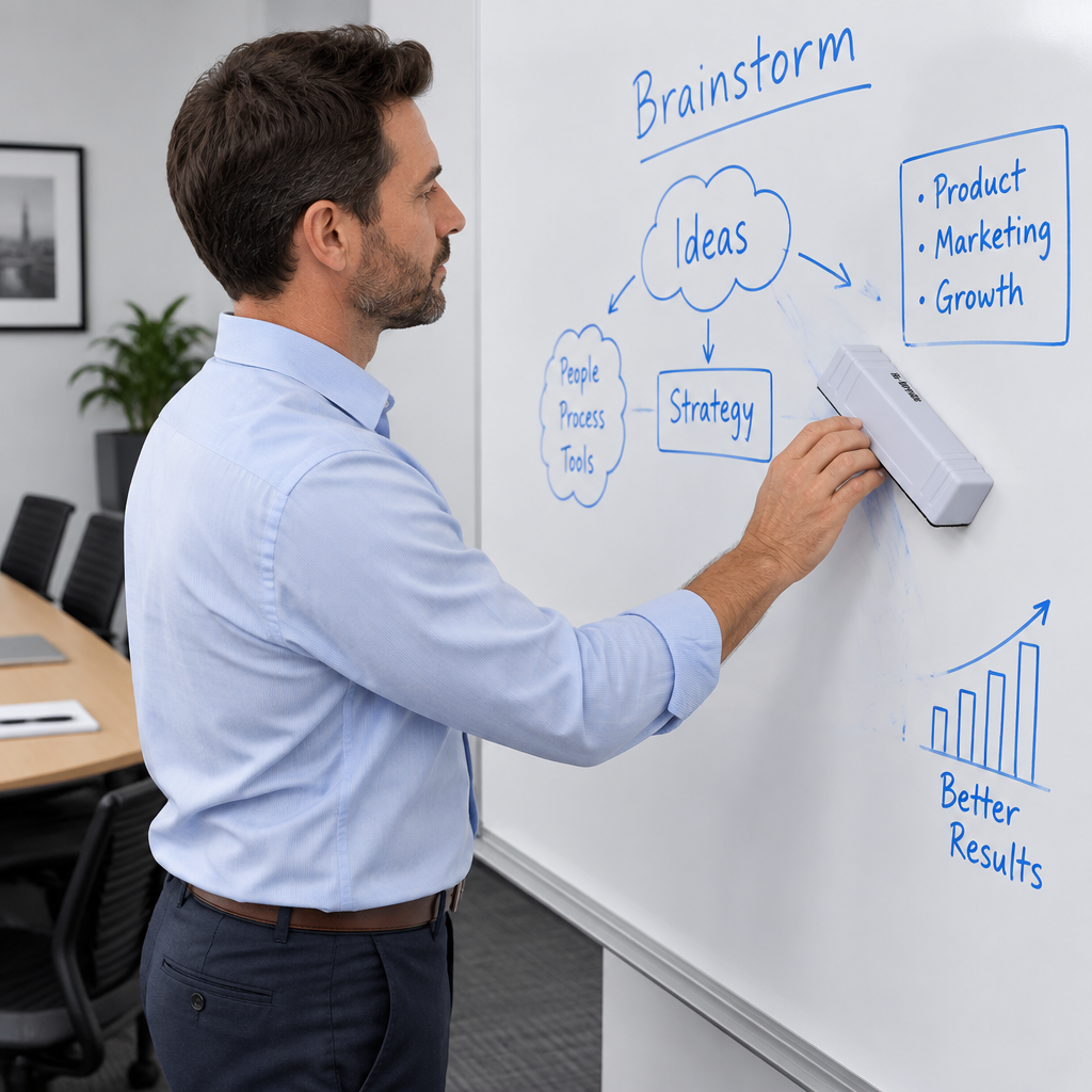 Voksen bruger en hvid tavlevisker ved et whiteboard i et mødelokale