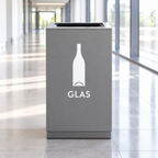Grå glasbeholder med hvidt glaspiktogram i lys gang