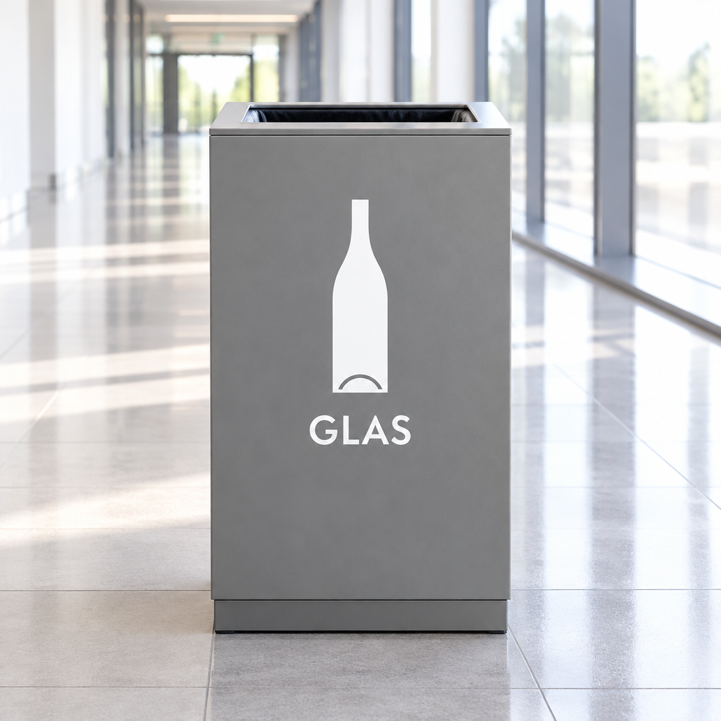 Grå glasbeholder med hvidt glaspiktogram i lys gang