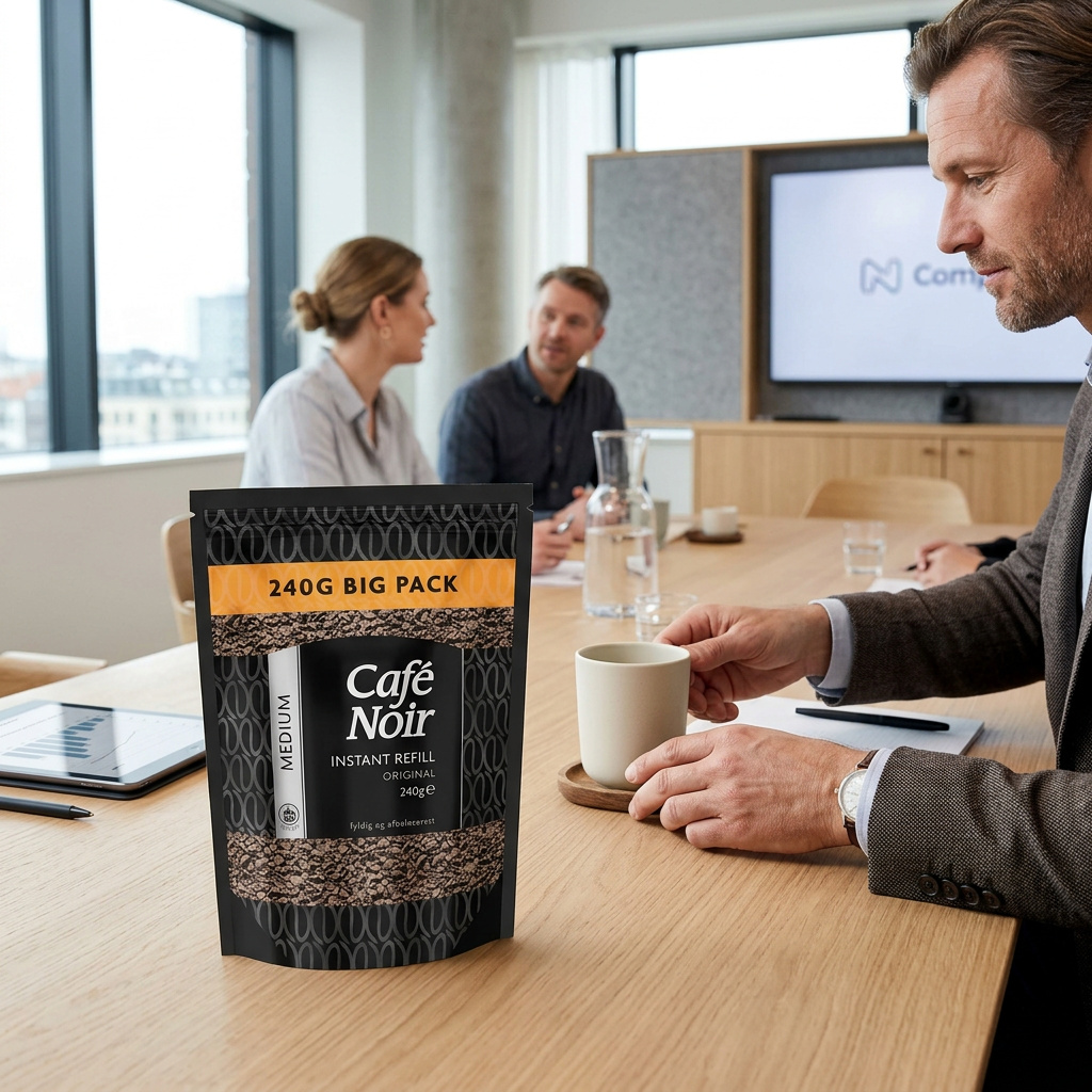 Voksen serverer kaffe ved mødebord med Café Noir Medium-pose