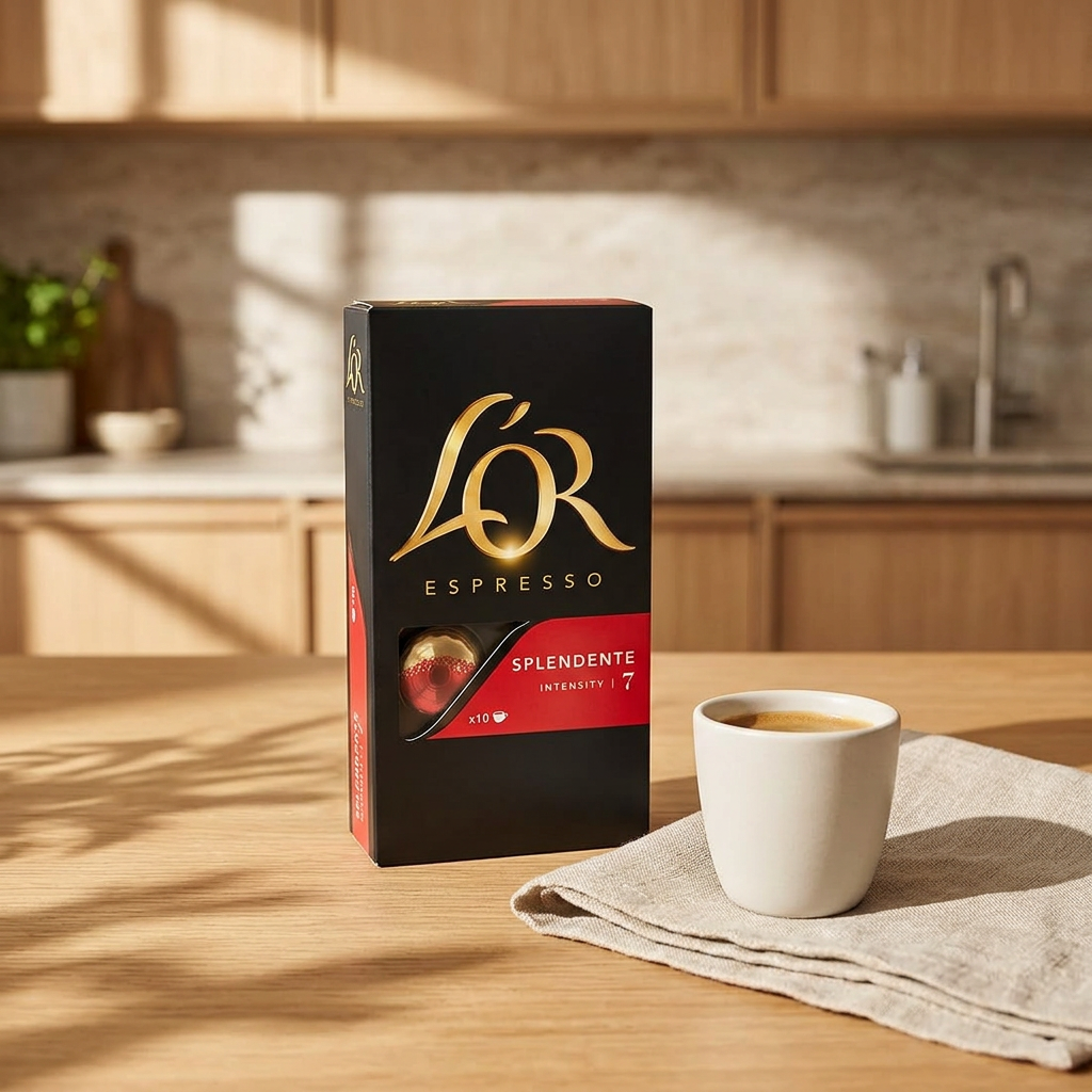 L’OR Splendente 7 ved kaffekop i sollyst køkken