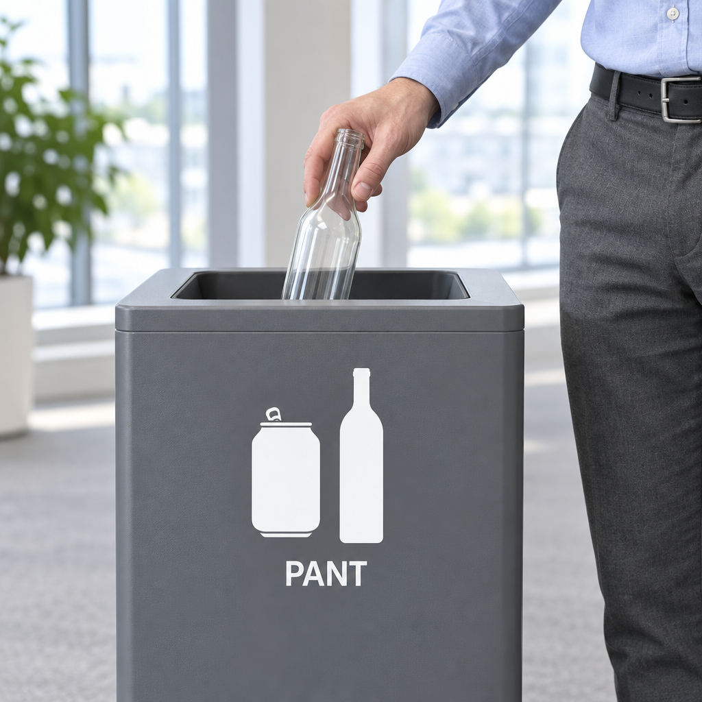 Person afleverer flaske i grå beholder med hvidt pantpiktogram
