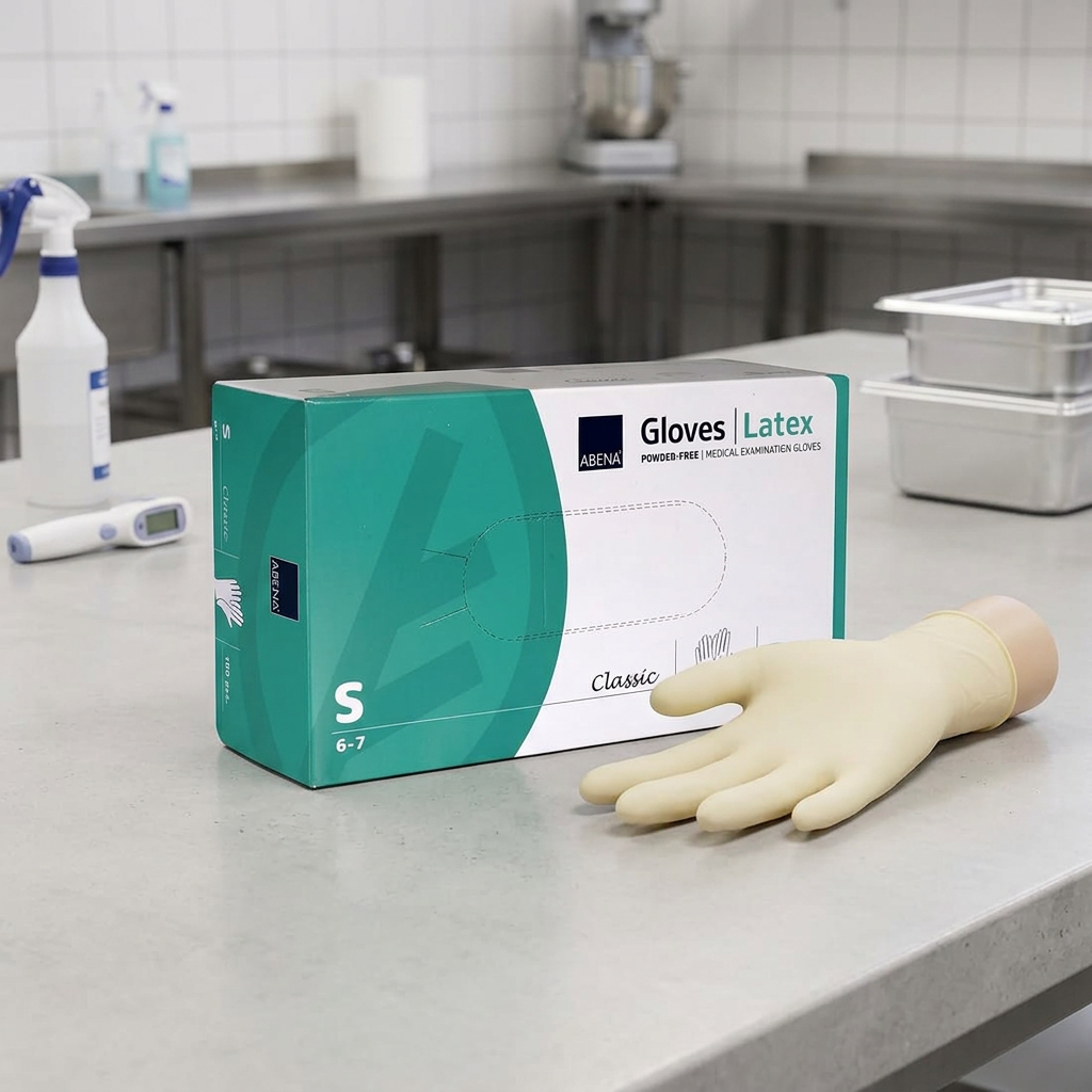 ABENA Classic latexhandsker S på arbejdsbord i køkken – stemningsbillede