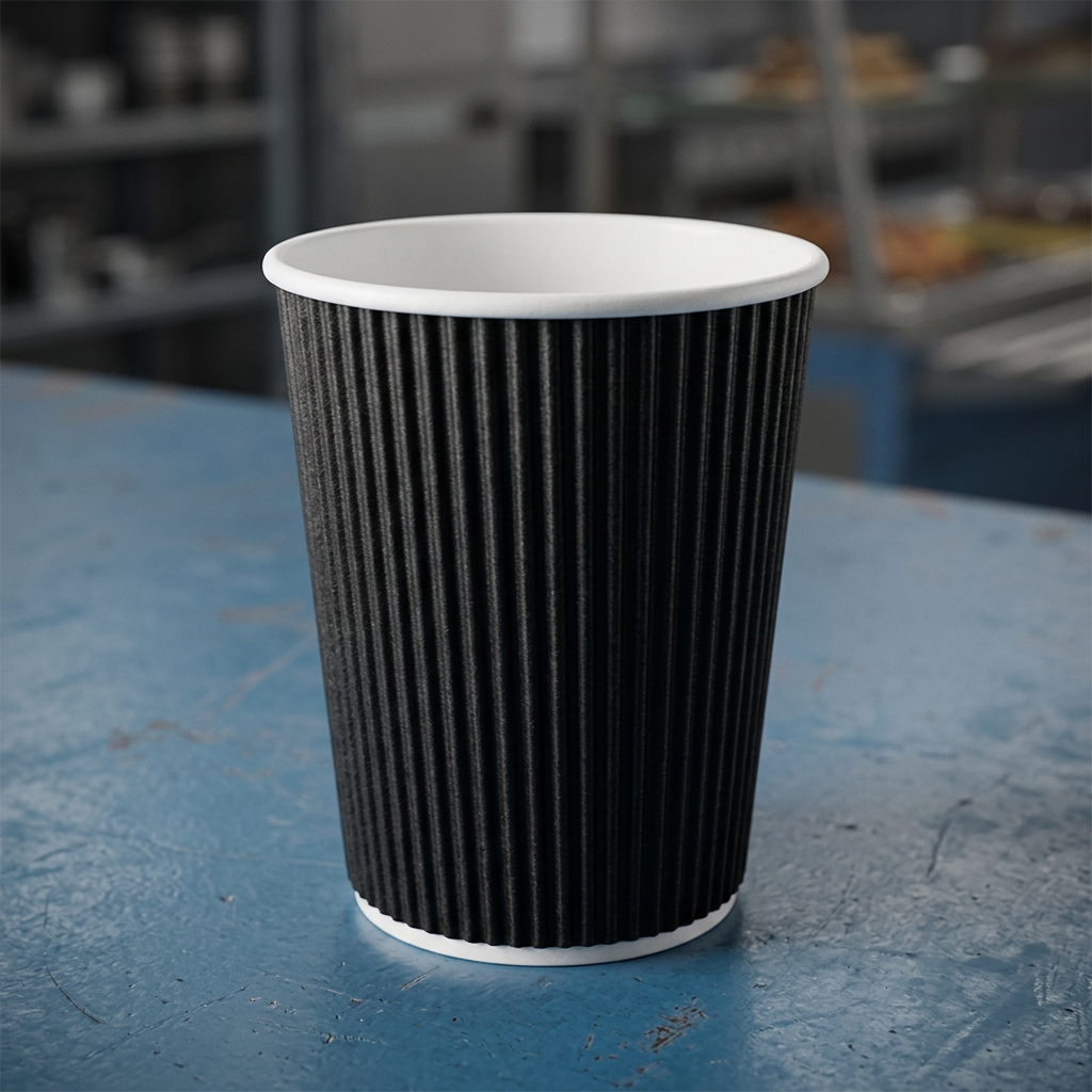 Sort Ripple Wall kaffebæger 30 cl på blå bordplade i kantine