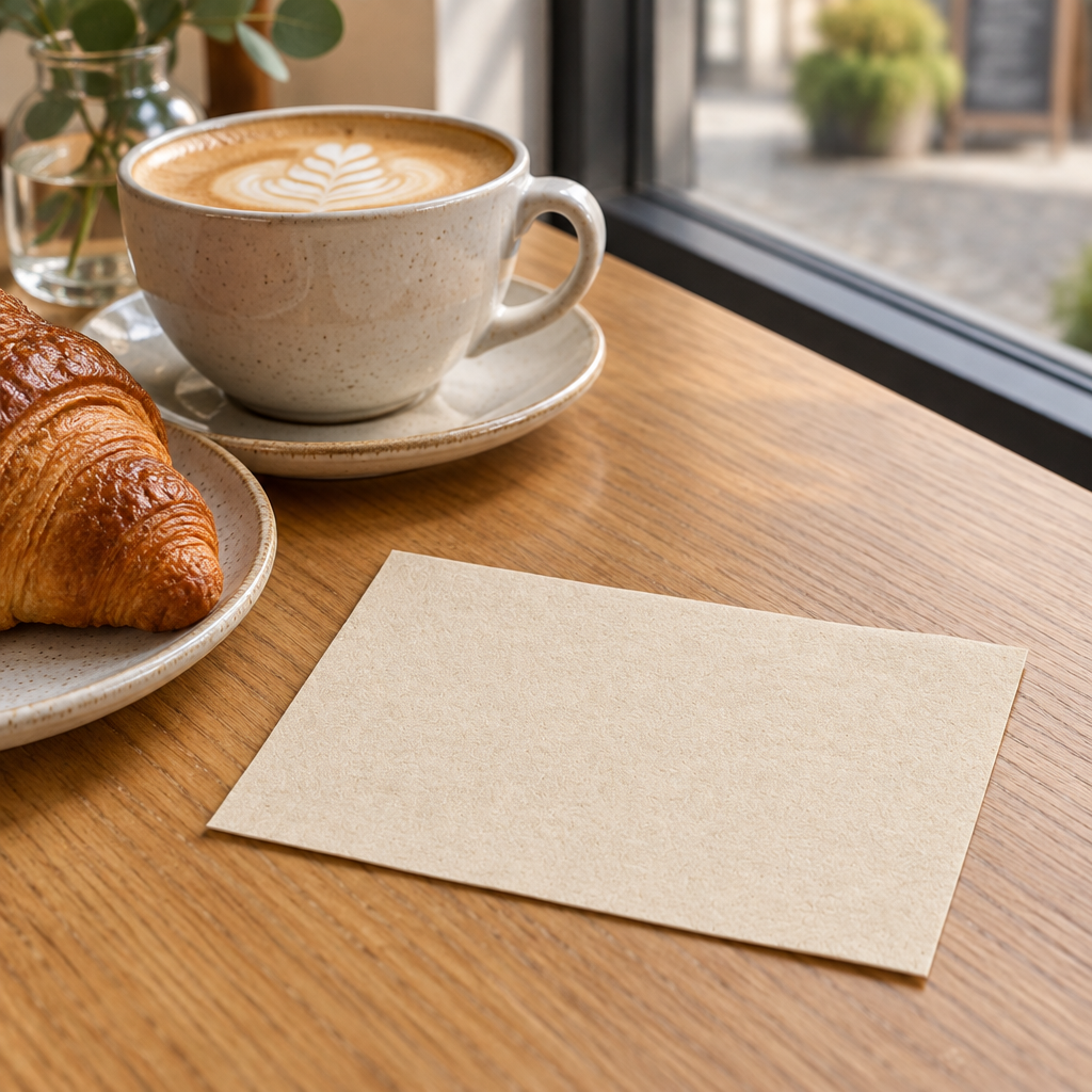 Naturfarvet Tork N4/N12 serviet ved kaffe og croissant på cafébord