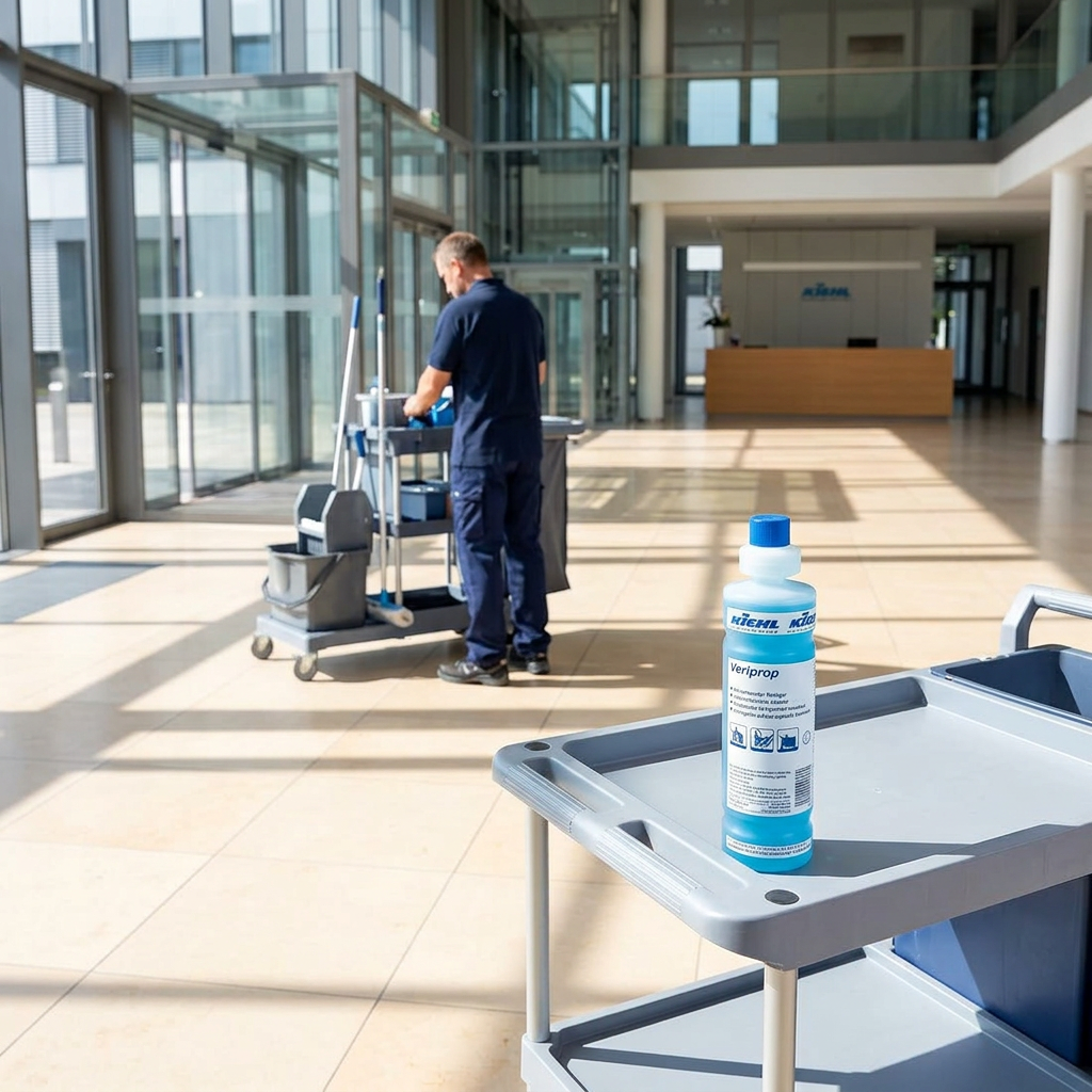 Kiehl Veriprop 1 L på servicevogn i solrig lobby med voksen medarbejder