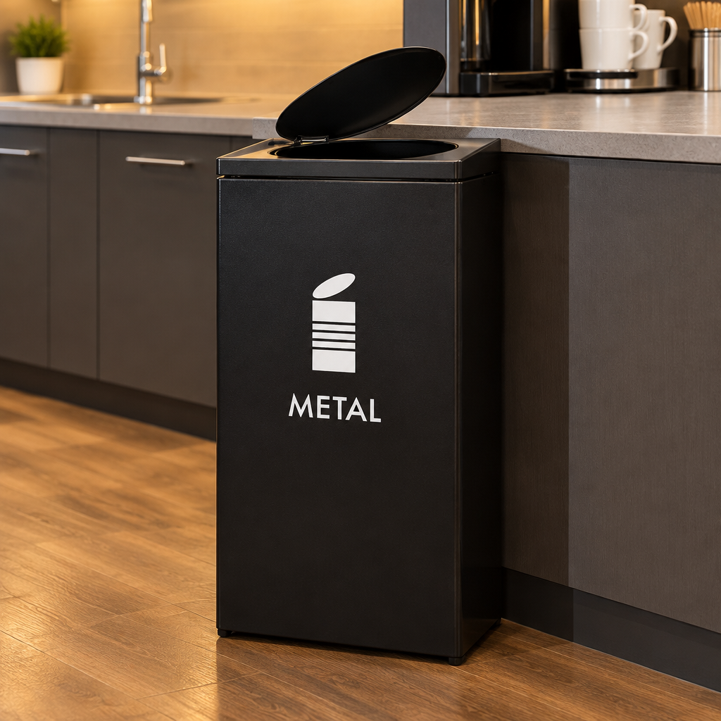 Beholder med hvidt METAL-piktogram ved personalekøkken