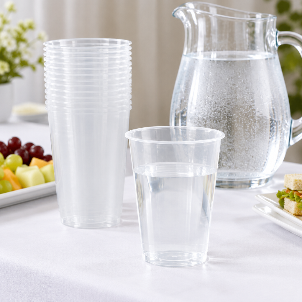 Klare PP-flergangsdrikkeglas ved buffet med vandkande