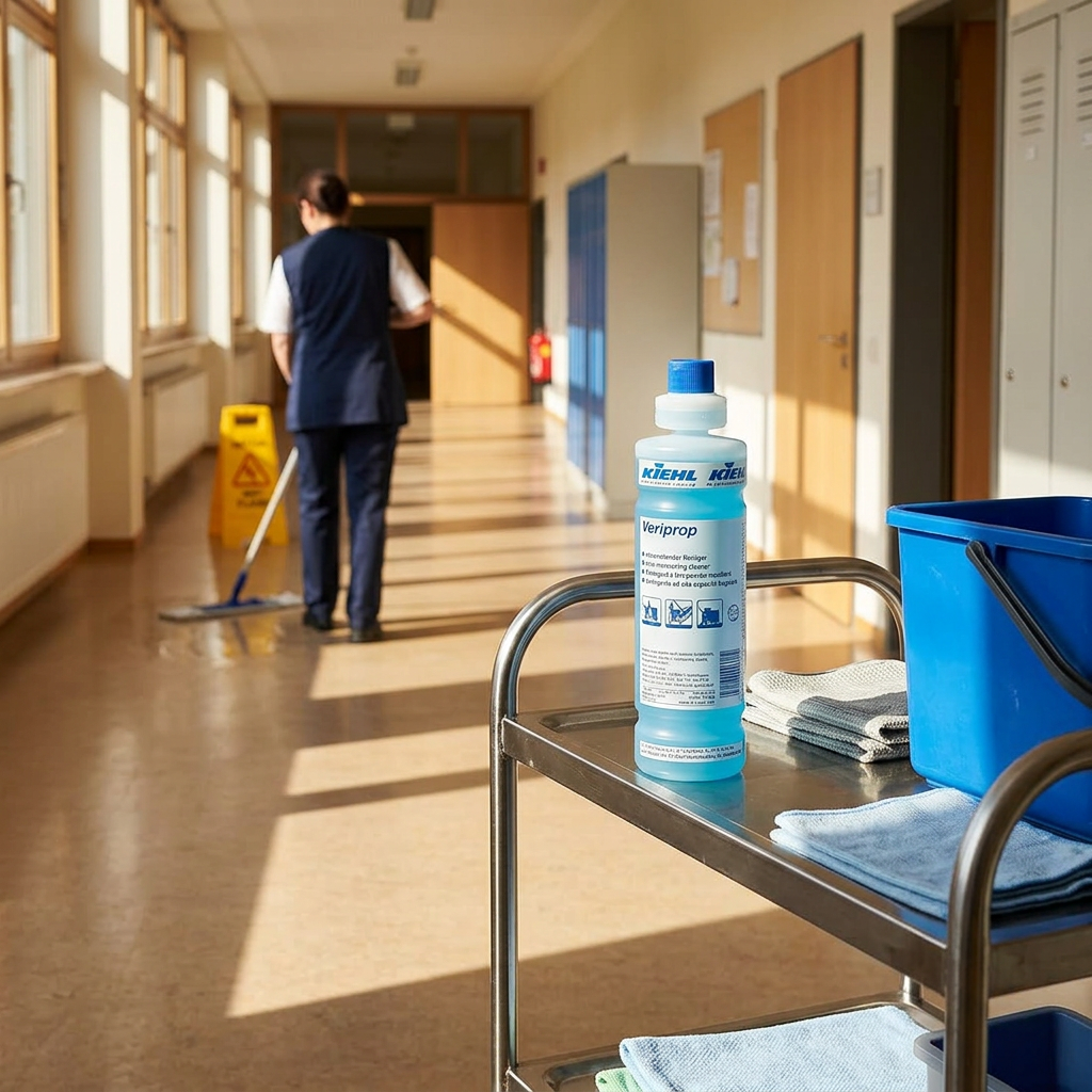 Kiehl Veriprop 1 L på servicevogn i solrig skolegang med voksen rengøringsmedarbejder