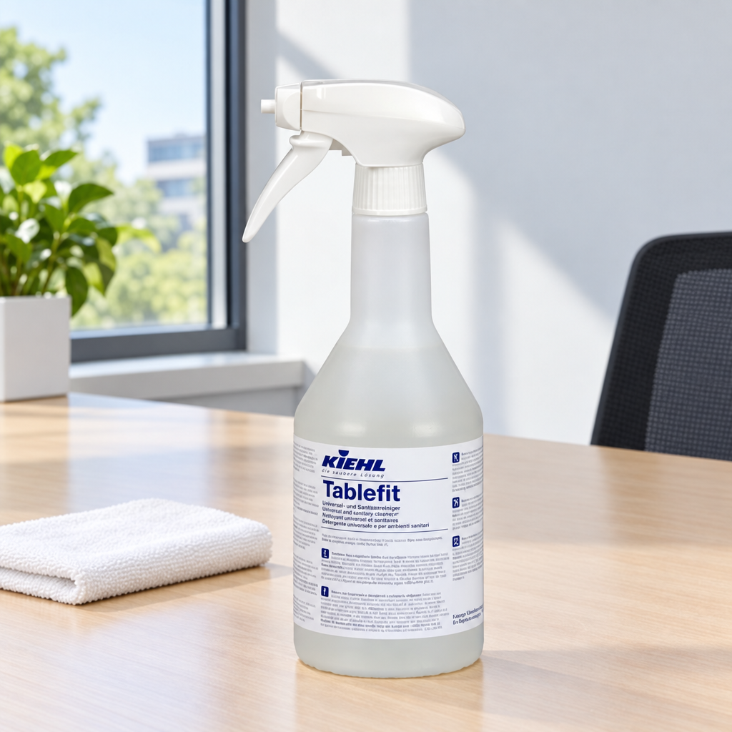 Kiehl Tablefit 750 ml på skrivebord med tør klud