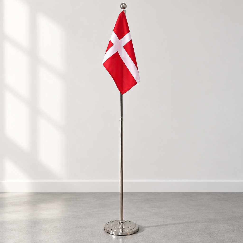 Dannebrog gulvflag med rund metalfod i et neutralt rum
