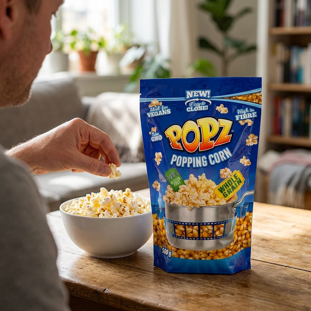 Popcorn nydes fra en skål ved den blå Popz pose i stuen