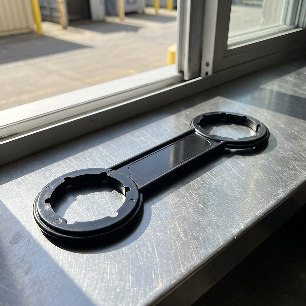 Sort dobbeltsidet dunkåbner 8118 på en stålbordplade ved et solbeskinnet vindue.