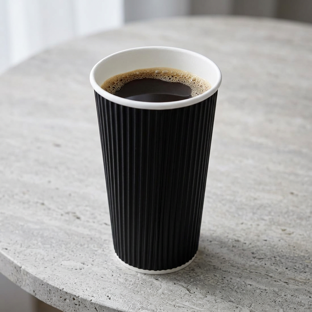 Sort Ripple Wall kaffebæger 40 cl med kaffe på lys stenbordplade set skråt ovenfra