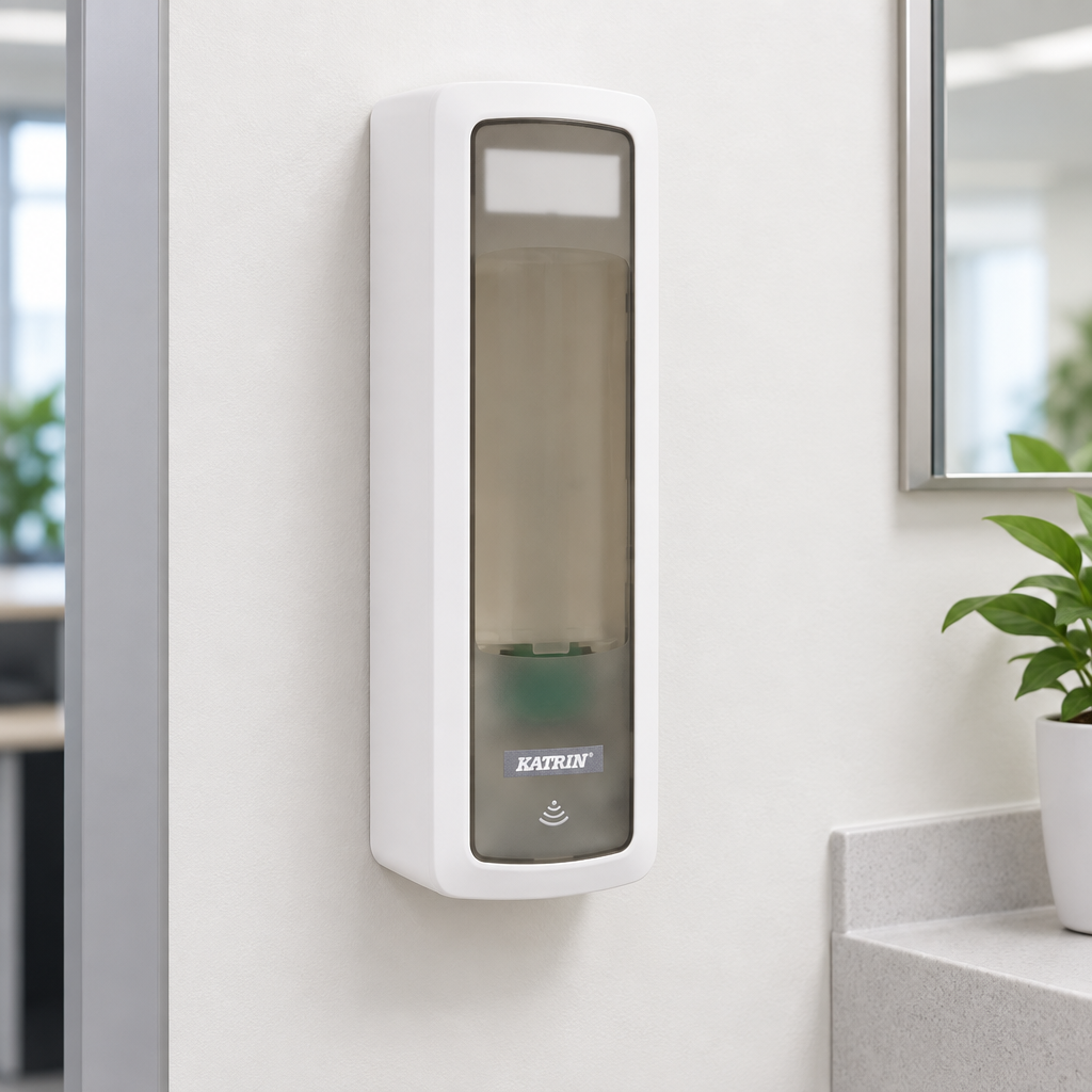 Stemningsillustration af hvid Katrin 44672-dispenser på væg ved kontorets hygiejnestation