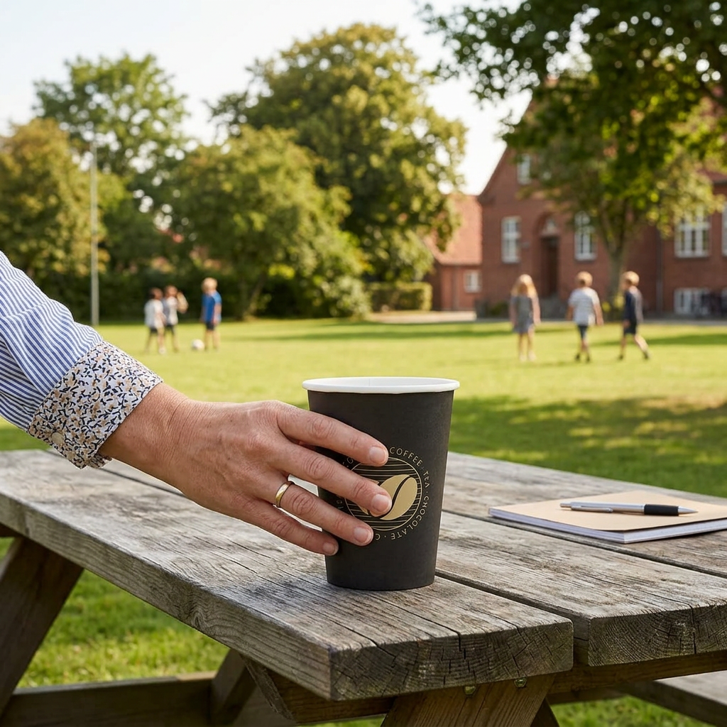 Voksen sætter Beans kaffebæger på bord ved solrige skoleomgivelser