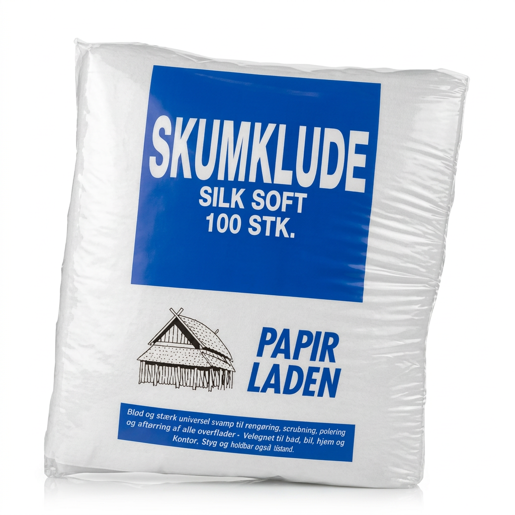 Skumklude 100 stk. i hvid pakke med blå etiket på hvid baggrund