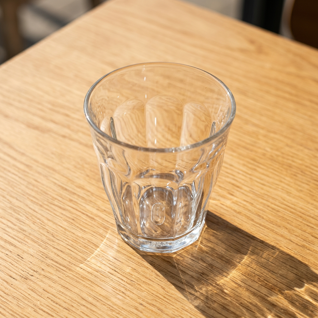 Tomt facetteret caféglas på et solbeskinnet træbord set skråt ovenfra