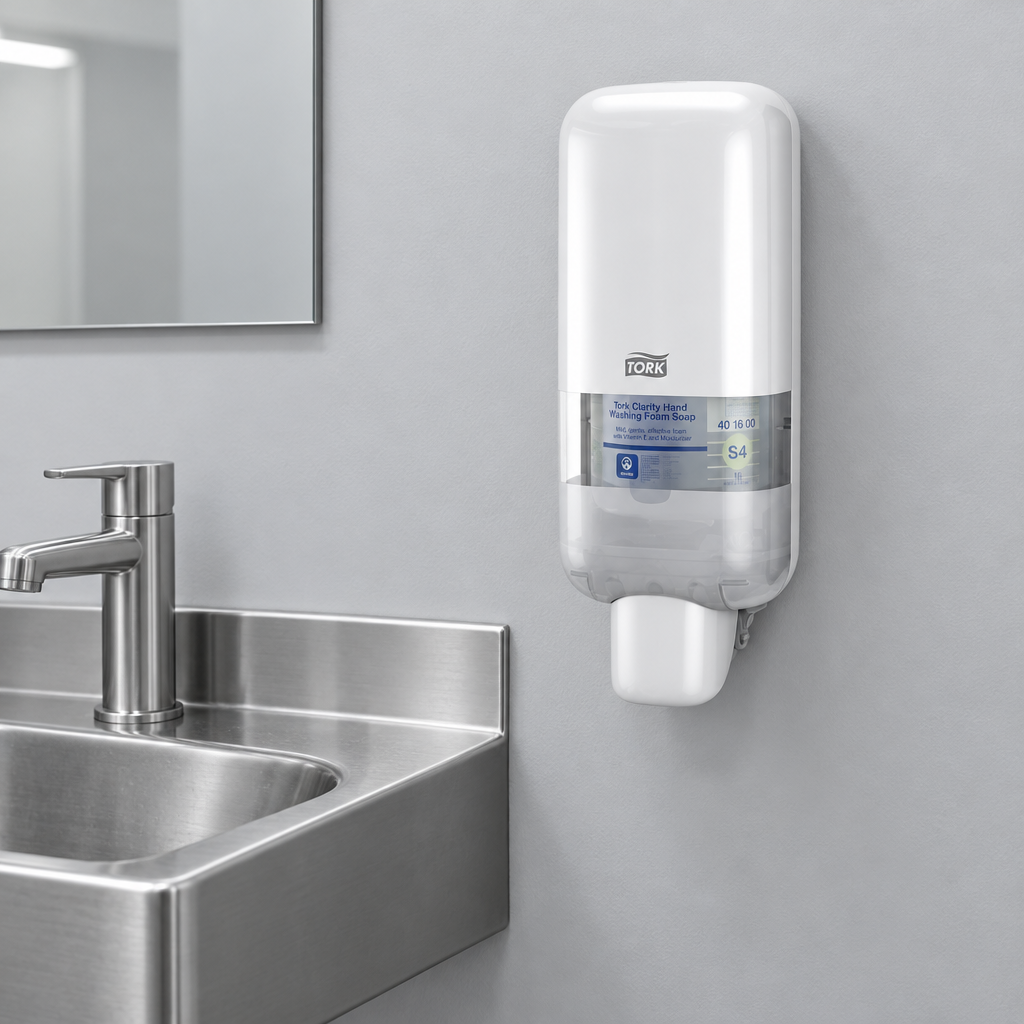 Hvid Tork S4-sæbedispenser med transparent vindue i sportshallens vaskerum