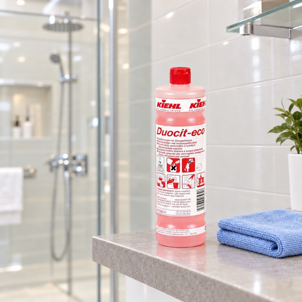 Kiehl Duocit-eco ved glasbrusekabine og klud, stemningsbillede