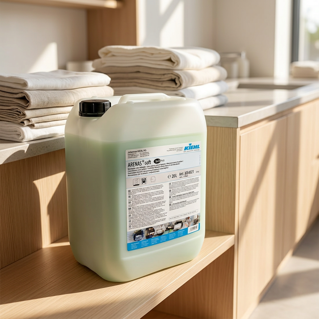 Kiehl Arenas Soft Balance 20 L på lav hylde ved foldet linned i sollys, stemningsbillede