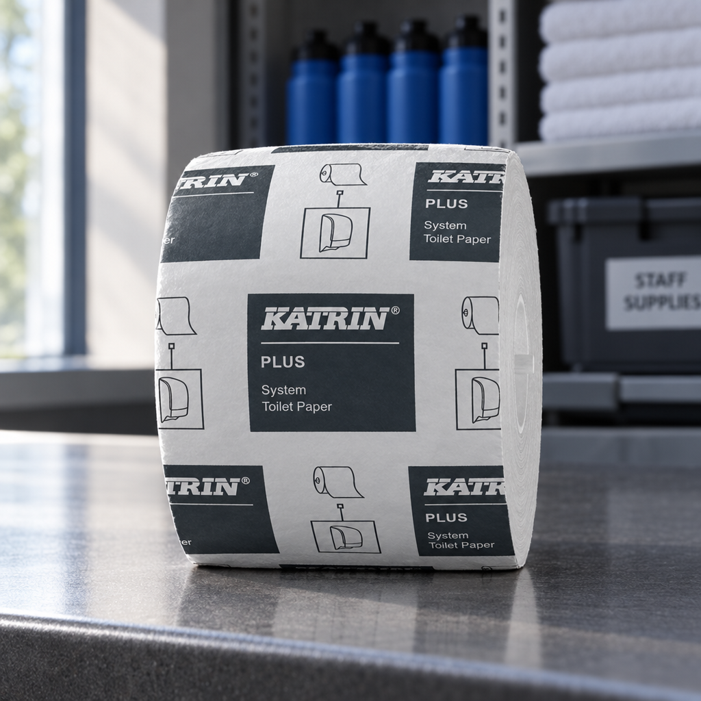 Indpakket Katrin System-toiletpapirrulle i sportshallens serviceområde