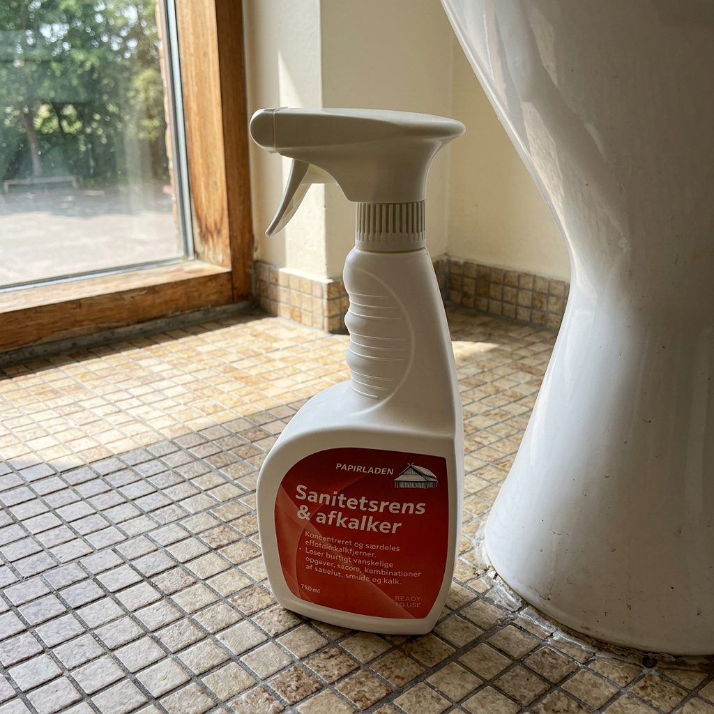 Stemningsbillede af sanitetsrens og afkalker i personaletoilet