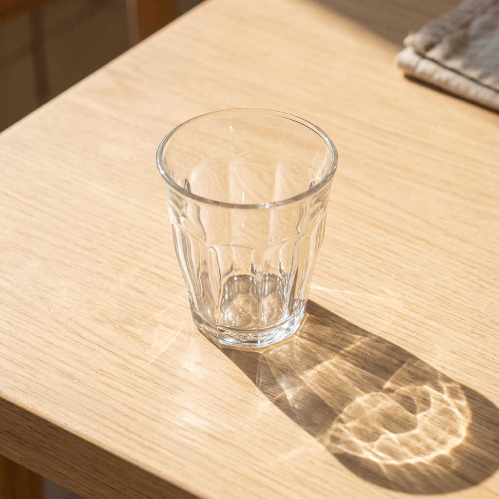 Tomt facetteret caféglas på solbeskinnet træbord