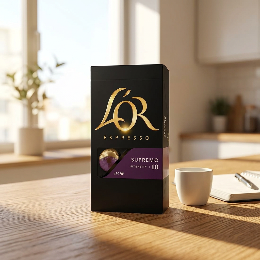 L’OR Supremo 10 ved kaffekop og notesbog i naturligt sollys