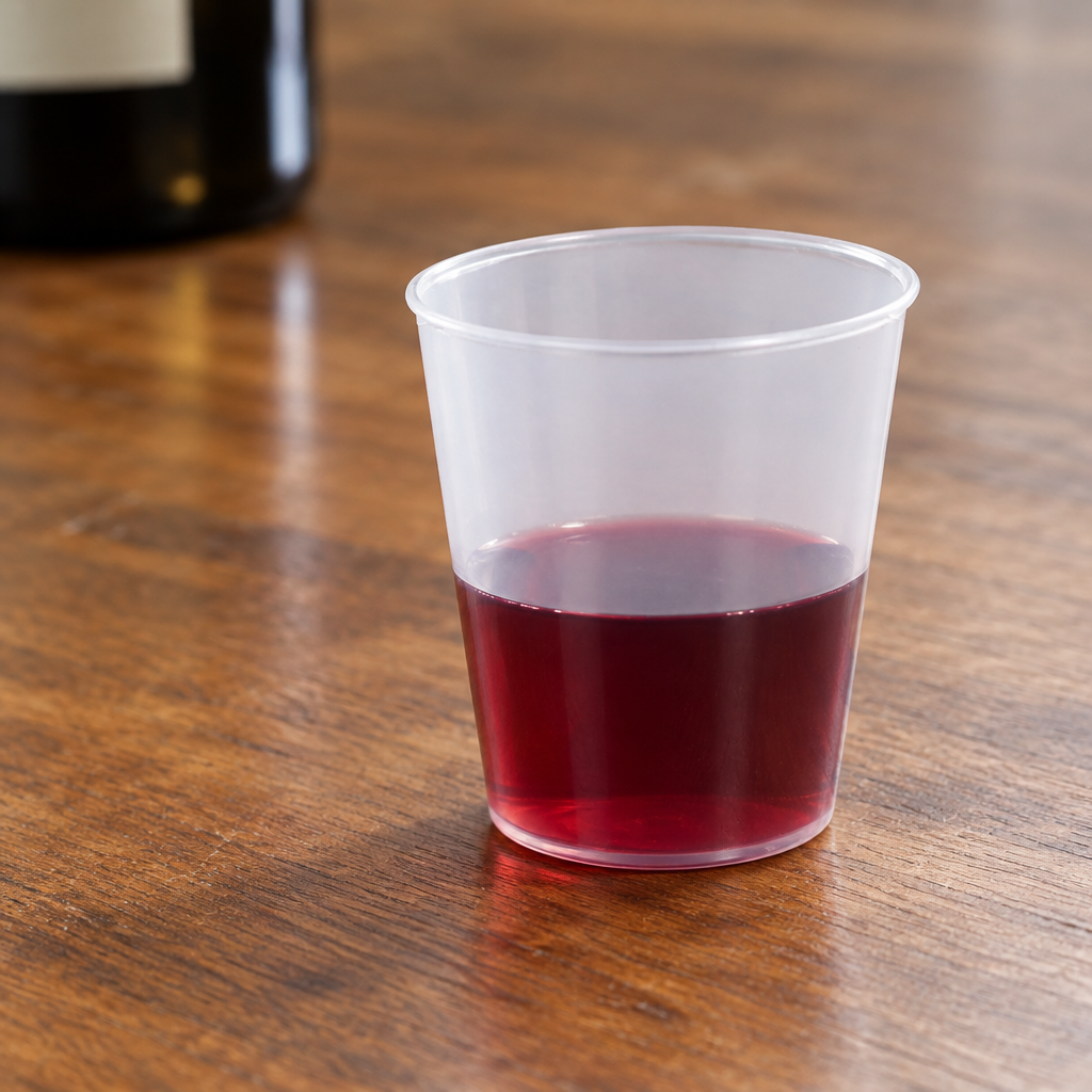 Translucent PP-shotglas med rød vinsmagsprøve på træbord, stemningsbillede